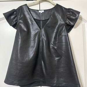 VOY Faux Leather Black Puff Sleeve Top Size Large